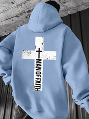 Men'S Heavyweight Hoodie - Bold Cross & "Man of Faith" Graphic Pullover Sweatshirt, Loose Fit Long Sleeve Hooded Sweater with Front Pocket, Machine Washable Winter Warmth, Regular Fit Casual Streetwear for Church, Everyday Outfits - Easy Care Christ