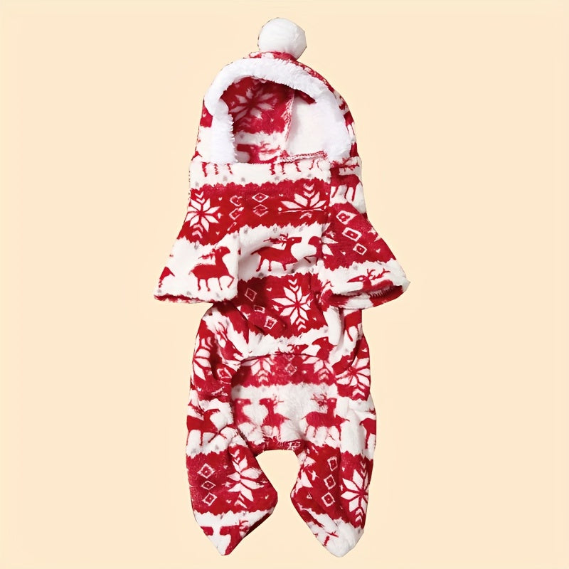 [Christmas] 1pc Pet Christmas Reindeer Graphic Pajamas Hooded Jumpsuit For Puppy, Toy And Small Dog for stocking stuffers