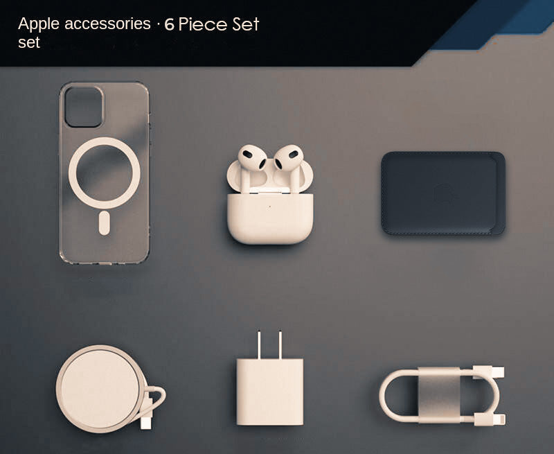 6pcs Apple Gift Box include ( 20W PD Charging Head, Back Cover, Wireless charger, Charging Cable, Bluetooth Earbuds & Phone BackPocket)