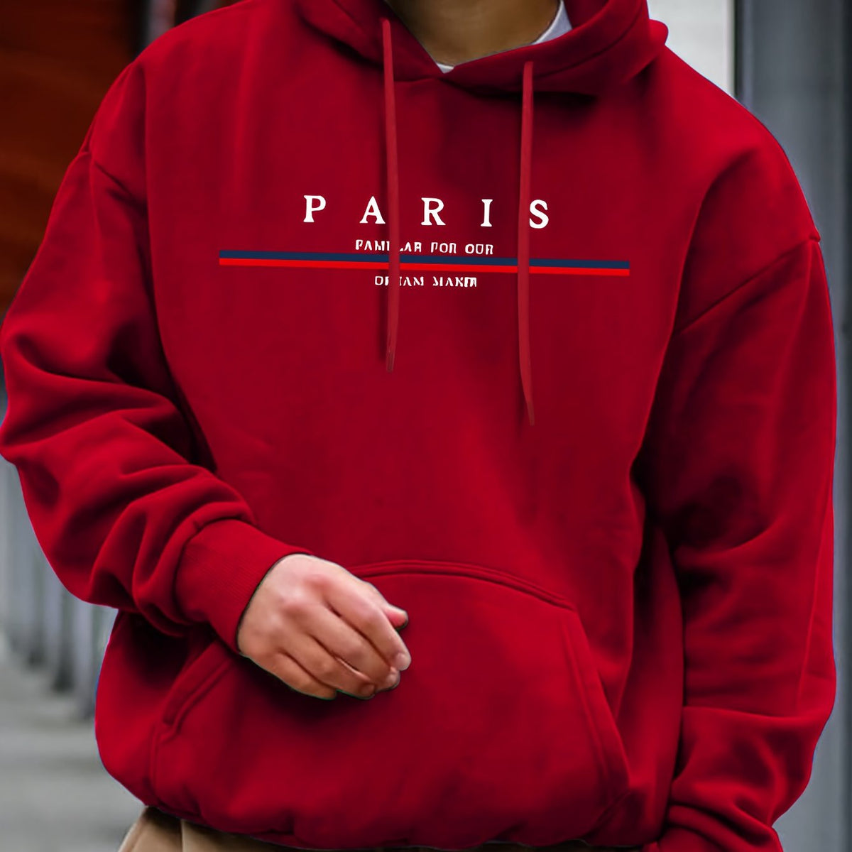 Men's Casual Paris Letter Print Hoodie - Black with White & Red Typography, Soft Long Sleeve Pullover for Autumn Winter, Machine Washable Regular Fit, Casual Wear Hoodie | Paris Themed Apparel | Machine Washable Hoodie