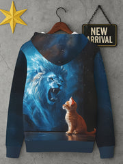 Men'S Hoodie with Lion & Kitten Graphic - Hooded Pullover Sweatshirt, Front Pocket, Autumn/Winter Streetwear Essential for Everyday & Formal Outfits - Fashion-Forward Men'S Clothing, Autumn Winter Apparel, Artistic Print Design, Comfortable Fit