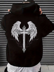 Niu Wang Xuan Men's Angel Wings & Cross Gothic Hooded Sweater - 100% Retro Short Sleeve Pullover with White Wing Print, Loose Fit Casual Coat for Christmas, Parties & Casual Attire (Black) - All-Season Religious Symbol Apparel, Mens Clothes, Graphic Hoodi