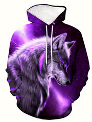 Men's Wolf & Print Hooded Sweatshirt - Full-Body Wolf Pattern Hoodie with Purple/Pink/Pinkish-Red Hues, Winter Warm Streetwear, Machine Washable Casual Pullover for Wolf Lovers (Ideal Gift), PLUS SIZE, Mens Clothes, Hoodies For Men Plus Size, Sweatshirt M