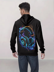 Men'S 3D Neon Glow-in-the-Dark Headphones Graphic Hooded Sweatshirt - Neon & Pink Digital Print Pullover, Casual Streetwear with Kangaroo Pocket, Machine Washable Warmth for Spring/Fall/Winter, Sweater Hoodie