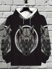 Men's Wolf & Full Moon Hooded Sweatshirt - Black/Gray/White Loose-Fit Pullover with Wolf Print, Hoodie for Casual Wear & Themed Events, Machine Washable Winter-Ready Sweater (No Inner)