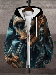 Men'S Gothic Skull & Bat Wing Print Hooded Zipper Jacket - Winter Warmth Full-Zip Coat with Full-Zip Closure, Machine Washable Casual Outerwear for Halloween