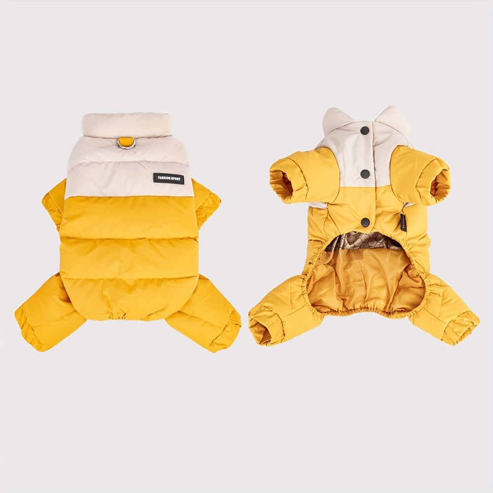 2025 Autumn/Winter New Pet Coat, Thickened Four-Legged Windproof Dog Clothes for Outdoor Walking with Leash Hole and Color Block Design