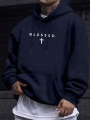 Men's Hoodie, Religious "Blessed" Cross Print, Soft Stretch Polyester, White BLESSED Lettering & Symbol, Casual Hooded Sweater for Church Events, Machine Washable, Green