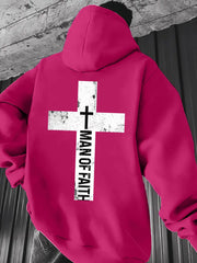 Men'S Heavyweight Hoodie - Bold Cross & "Man of Faith" Graphic Pullover Sweatshirt, Loose Fit Long Sleeve Hooded Sweater with Front Pocket, Machine Washable Winter Warmth, Regular Fit Casual Streetwear for Church, Everyday Outfits - Easy Care Christ