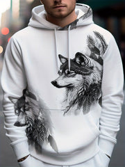 Men'S Wolf & Wolf Pack Graphic Hooded Sweatshirt - Black & White Wolf Print with Wolf Head & Paws, Long Sleeve Drawstring Hoodie for Fall/Winter, Loose Fit Casual Pullover, Machine Washable Winter Warmth, Sweater Hoodie