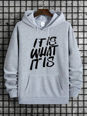 Men's Casual Beige Hoodie with "IT IS WHAT IT IS" Print - Soft Polyester, Loose Fit, Machine Washable, with Kangaroo Pocket | Ideal for All Seasons, Oversized Hoodie