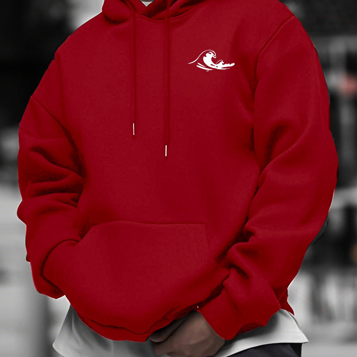 Men's Casual Hooded Sweater with Wave Print & Logo-Like Chest Design - Mustard-Yellow Knitted Polyester Pullover, Slight Stretch Long Sleeve Hoodie, Machine Washable Beige Sweater Jacket for Casual Attire (No Bulk)