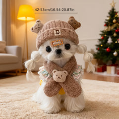Winter Warm Dog Jacket & Scarf Set for Small Breeds - Plush Bear Hat and Collar, Cozy Winter Outfit for Pomeranian, Chihuahua, Shih Tzu, Yorkshire Terrier - Cold Weather Pet Clothing
