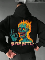 Men'S 3D Print Hooded Sweatshirt with NEVER BETTER Lettering & Flame Skull Graphic - Heavyweight Casual Pullover, with Red Lettering, Hoodie For Fall/winter - Ideal Gift For Men, Fall Winter Apparel, Durable Fabric, Streetwear Fashion, Urban Style