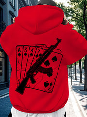Men's Winter Hoodie with Poker & Gun Graphic Print, Casual Pullover with Pockets, Regular Fit, Slight Stretch Fabric, Perfect for Fall & Winter Streetwear, Black, Trendy Comfortable Fit Hoodie