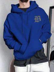Men's Blue Hooded Sweater with Large '' Logo Print - Casual College Pullover, Regular Fit Hoodie, Machine Washable Letter Jacket for Campus & Casual Attire (Letter Initials)