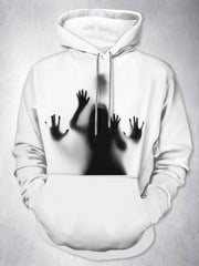 Men's 3D Illusion Hooded Sweatshirt with Black Hand Print & White Hoodie - Kangaroo Pocket, Full-Zip-like Effect Casual Pullover, Machine Washable Winter Sweater Jacket for Casual Attire (Animal Pattern) - Ideal Gift