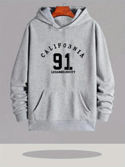 Men's Heavyweight Hooded Sweatshirt - California 91 Los Angeles Print Pullover Hoodie, Navy Blue Gym & Everyday Winter Warmth, Long Sleeve Athletic Fit with Front Pocket, Casual Streetwear for Men (California Lettering Design, Gym & Training Apparel, Regu