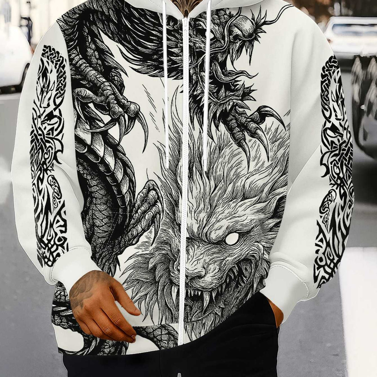 Men'S Winter Warm Hooded Zip-Up Sweatshirt with Dragon Print - Full-Zip Front Closure, Full-Zip Hooded Sweater Jacket, Machine Washable Casual Outerwear for Men