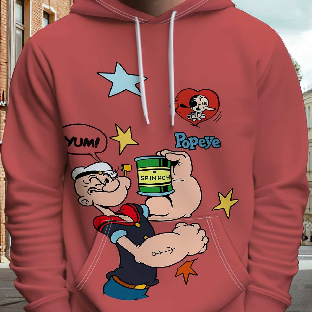 Men'S Casual 3D Print Hoodie - Cartoon Sailor with "YUM!" Design, Loose Fit, Long Sleeve, Spring/Fall Fashion, White with Colorful Graphics, Casual Wear Hoodie|Playful Graphic Hoodie|Comfortable Fit Hoodie
