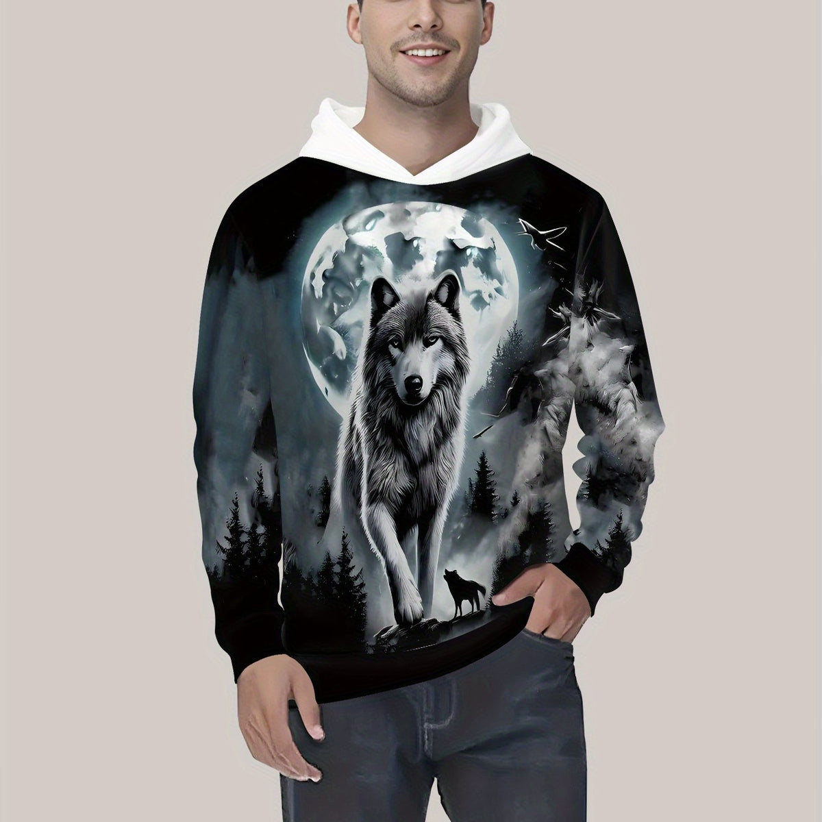 Men'S Hoodie - Black Wolf & Moon Graphic Pullover Sweatshirt, Hooded Winter Jacket for Outdoor Activities, Casual Outings & Casual Attire - Fall/Winter Clothing for Men, Fall Fashion, Streetwear Style, Comfortable Material, Print Sweater, Streetwear Lover
