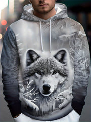 Men'S Wolf & Snowy Forest Digital Print Hooded Sweatshirt - All-Over Wolf Face & Snowy Landscape Design, Loose Fit Casual Pullover with Wolf Head & Paws
