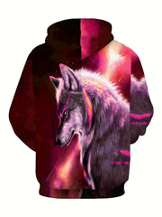 Men's Wolf & Print Hooded Sweatshirt - Full-Body Wolf Pattern Hoodie with Purple/Pink/Pinkish-Red Hues, Winter Warm Streetwear, Machine Washable Casual Pullover for Wolf Lovers (Ideal Gift), PLUS SIZE, Mens Clothes, Hoodies For Men Plus Size, Sweatshirt M