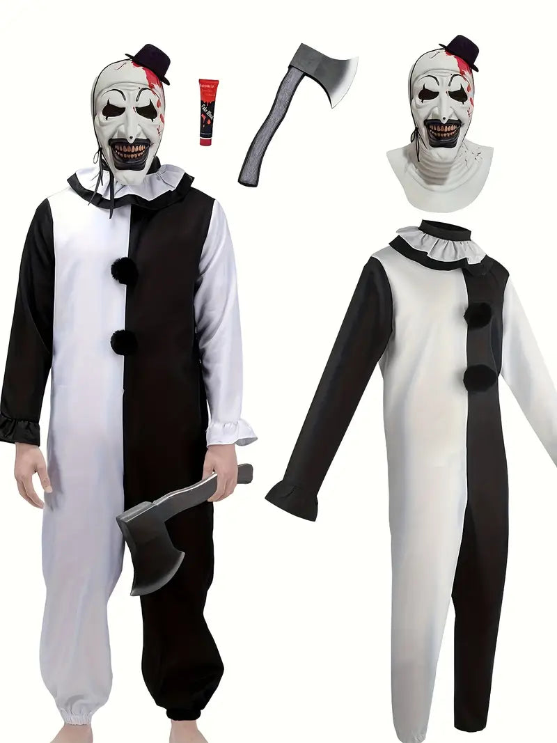 Men'S Horror Clown Makeup Movie Cosplay Costume Set, Adult Black and White Jumpsuit with Hood, Perfect for Halloween Carnival Christmas Parties, Birthday Performances, and Themed Events
