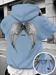 Men's Gothic Angel Wing & Artist Back Print Hooded Sweatshirt - Black with White Lettering, Drawstring Hood, Kangaroo Pocket, Casual Pullover Hoodie for Casual Attire, All-Season Comfort, Machine Washable, Trendy Streetwear with Artist-Themed Design & Win