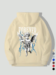 Men's Angel & Lightning Bolt Graphic Hoodie - 100% Polyester Casual Pullover Sweatshirt with Adjustable Drawstring Hood, Regular Fit Long Sleeve for Autumn Winter, Vibrant Blue, Pullover Hoodie, Bold Letter Pattern, Knitted Texture