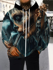 Men'S Gothic Skull & Bat Wing Print Hooded Zipper Jacket - Winter Warmth Full-Zip Coat with Full-Zip Closure, Machine Washable Casual Outerwear for Halloween