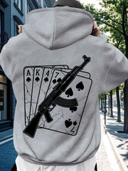Men's Winter Hoodie with Poker & Gun Graphic Print, Casual Pullover with Pockets, Regular Fit, Slight Stretch Fabric, Perfect for Fall & Winter Streetwear, Black, Trendy Comfortable Fit Hoodie