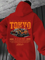 Men'S Tokyo Underground Racing Graphic Hoodie - Stylish Long Sleeve Pullover with Vibrant Orange & Black Car Design, Comfortable for Fall/Winter, Casual Streetwear, Essential Hoodie