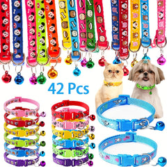 [42pcs Cute Pet Collars] 42pcs Cute Cartoon Dog Print Adjustable Pet Collars with Bells, Quick-Release Buckle Soft Nylon Cat and Dog Collars, Multiple Styles & Colors for Small Dogs and Cats