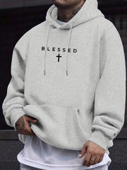 Men's Hoodie, Religious "Blessed" Cross Print, Soft Stretch Polyester, White BLESSED Lettering & Symbol, Casual Hooded Sweater for Church Events, Machine Washable, Green