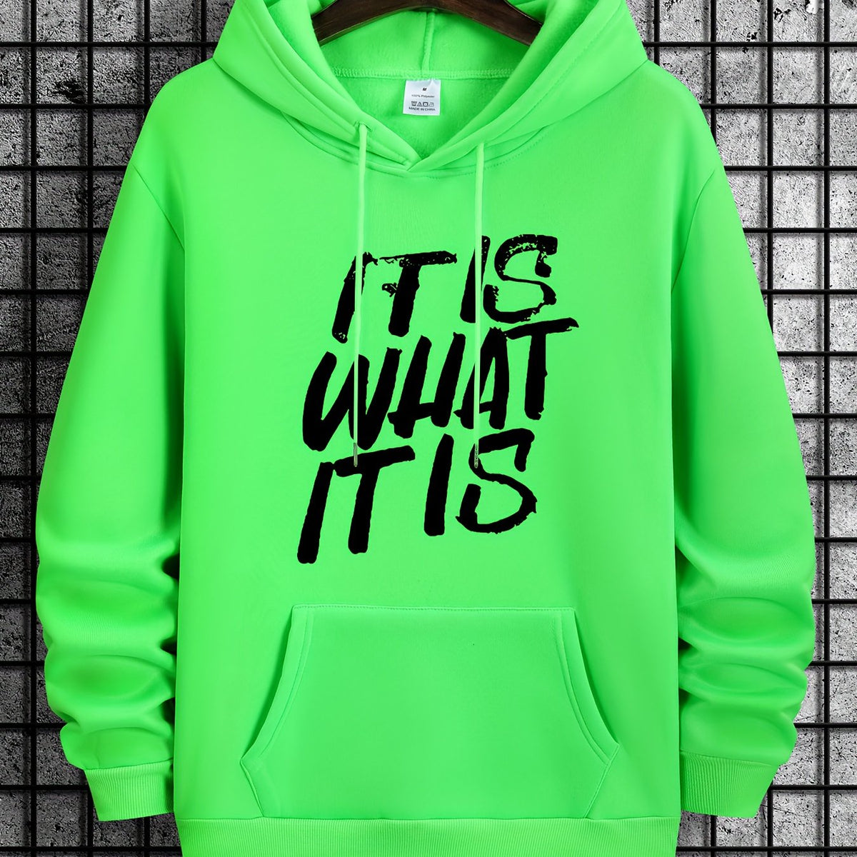 Men's Casual Beige Hoodie with "IT IS WHAT IT IS" Print - Soft Polyester, Loose Fit, Machine Washable, with Kangaroo Pocket | Ideal for All Seasons, Oversized Hoodie