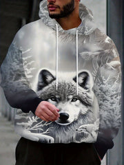 Men'S Wolf & Snowy Forest Digital Print Hooded Sweatshirt - All-Over Wolf Face & Snowy Landscape Design, Loose Fit Casual Pullover with Wolf Head & Paws
