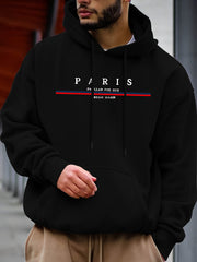 Men's Casual Paris Letter Print Hoodie - Black with White & Red Typography, Soft Long Sleeve Pullover for Autumn Winter, Machine Washable Regular Fit, Casual Wear Hoodie | Paris Themed Apparel | Machine Washable Hoodie