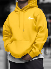 Men's Casual Hooded Sweater with Wave Print & Logo-Like Chest Design - Mustard-Yellow Knitted Polyester Pullover, Slight Stretch Long Sleeve Hoodie, Machine Washable Beige Sweater Jacket for Casual Attire (No Bulk)