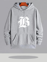Men'S Casual Hooded Sweatshirt with Bold "B" Graphic Print - Black Long Sleeve Pullover, Front Pockets & Drawstring Hood, Regular Fit for Gym, Training, Outdoor Activities - Autumn Winter Warmth, Gym Hoodie, Training Apparel, Sporty Design, Comfortable Fa