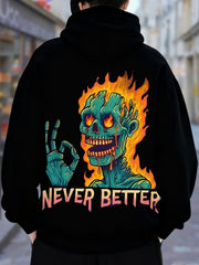 Men'S 3D Print Hooded Sweatshirt with NEVER BETTER Lettering & Flame Skull Graphic - Heavyweight Casual Pullover, with Red Lettering, Hoodie For Fall/winter - Ideal Gift For Men, Fall Winter Apparel, Durable Fabric, Streetwear Fashion, Urban Style