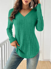 Women's Spliced V-Neck Ribbed T-Shirt - Soft Lightweight Stretch Fabric, Casual Long Sleeve Solid Color T-Shirt, Machine Washable, Suitable for Spring, Autumn, and Winter
