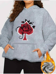 Women'S Black Rose & Spade Print Hoodie - Pink with Red Rose & Black Spade Design, Long Sleeve Pullover Sweatshirt, Front Pocket, All-Season Casual Streetwear, Streetwear Fashion, Soft Fabric Hoodie