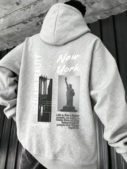 Men'S Heavyweight Hooded Sweatshirt - New York City Graphic Print with Statue of Liberty & Brooklyn Bridge Design, Loose Fit Winter Warmth, Casual Streetwear Pullover