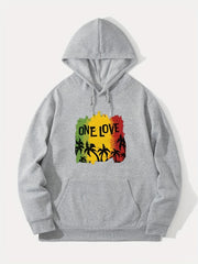 Men's Casual Hoodie with "One Love" Tree Print, Fashionable Long Sleeve Pullover, Comfortable Stretchy Knit Sweatshirt for All Seasons, Unisex, Polyester Material, Loose Fit