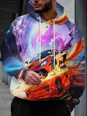 Men'S Racing Car & Flame Graphic Hooded Sweatshirt - Orange Sports Car Design with Neon Glow Effect, Streetwear Style Casual Pullover, Machine Washable, Racing Car Hoodie, Streetwear Fashion, Artistic Print, Comfortable Fit, Streetwear Lovers