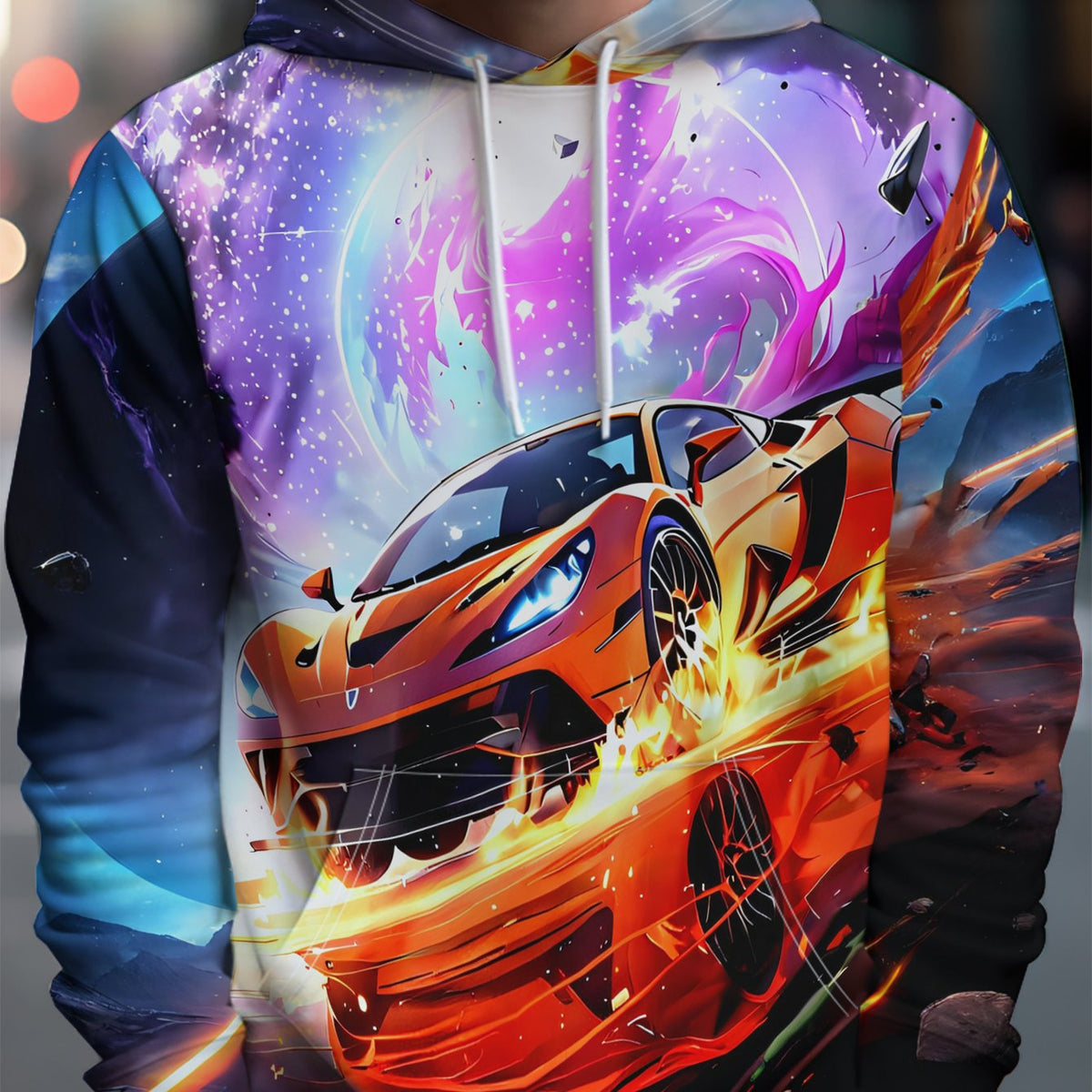 Men'S Racing Car & Flame Graphic Hooded Sweatshirt - Orange Sports Car Design with Neon Glow Effect, Streetwear Style Casual Pullover, Machine Washable, Racing Car Hoodie, Streetwear Fashion, Artistic Print, Comfortable Fit, Streetwear Lovers