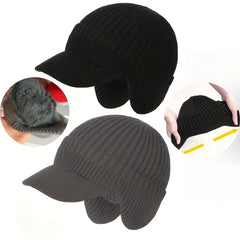 Men'S Winter Knitted Hat with Warm Ear Flaps And a Brimmed Duckbill Design, Perfect for Outdoor Sports And Skiing.