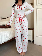 2pcs Women's Long Sleeve Square Neck Bow-Tie Top and Pants Set, Strawberry Print Ribbed Fabric with Contrast Bow Decor, Holiday Season Sleepwear for Autumn/Winter; High-Quality Loungewear