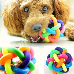 Durable Plastic Chew Ball with Bell - 2.17 Inch Large Knot Dog for Puppies & Cats, Multicolor Chewable Interactive Rubber-Like Ball for Small/Medium Dogs, No Batteries, Teeth Cleaning & Tug-of-War Play (Green, Pink, Blue, Yellow)